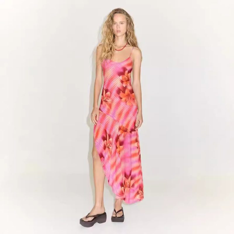 Printed Backless Slit Bandage Slip Dress