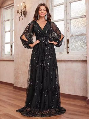 Elegant Sequined V-Neck Long Evening Dress