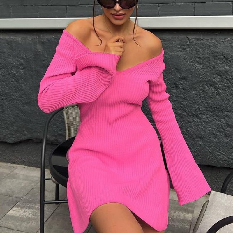 V-Neck Knitted High Waist A-Line Dress - Image 4