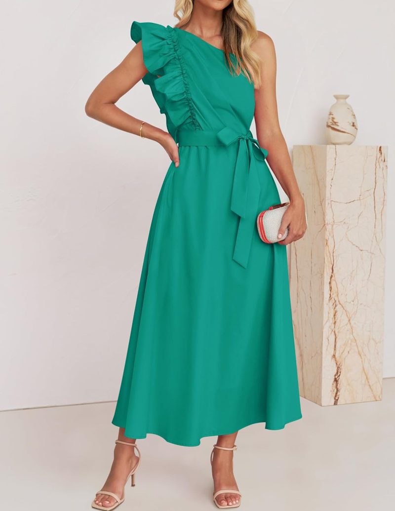 One Shoulder Ruffled Maxi Belted Bridesmaid Dress - Image 2