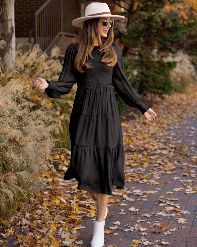 Retro French Smocked Lantern Sleeve Winter Dress - Image 2