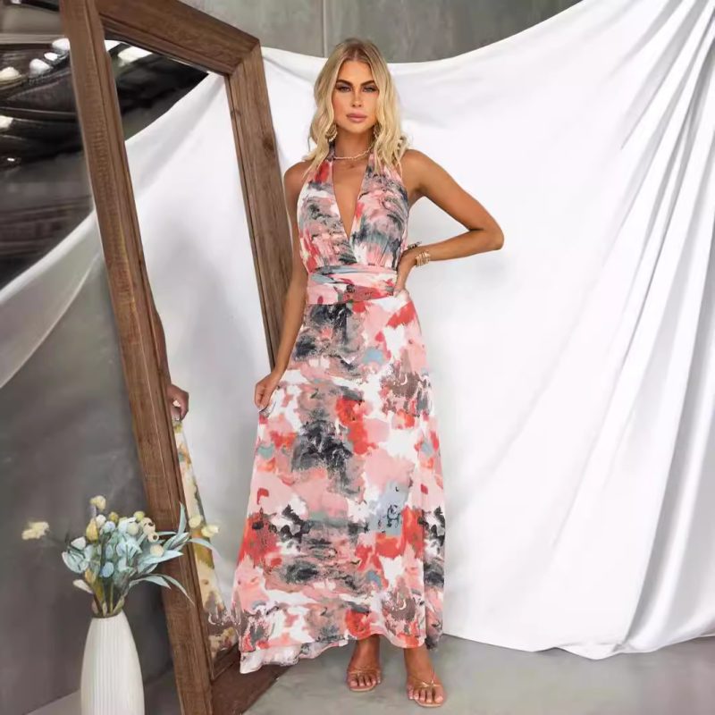 Tied V-Neck Printed Waist Slim A-Line Dress