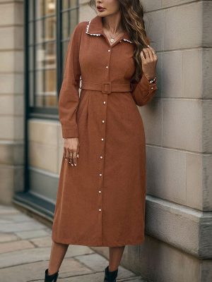 Women’s Corduroy Shirt Dress with Lace Collar