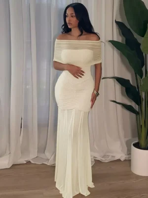 Strapless Mesh Patchwork Maxi Dress Backless Ruched Style