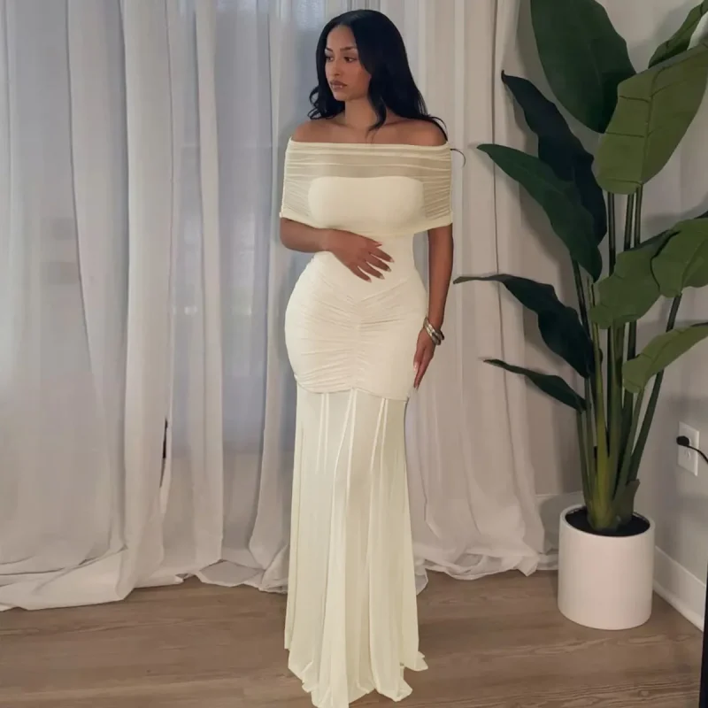 Strapless Mesh Patchwork Maxi Dress Backless Ruched Style