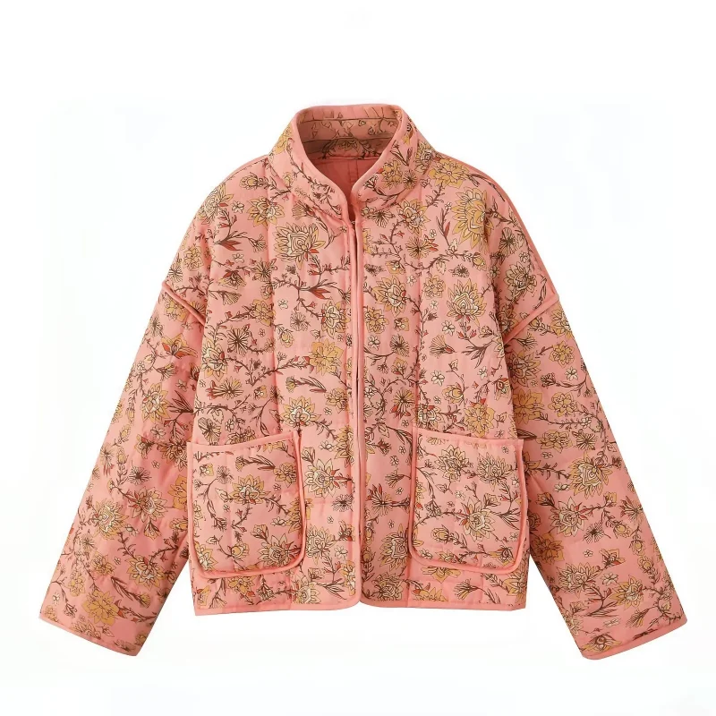 Printed Quilted Cotton Jacket High Neck Loose Fit Coat - Image 5