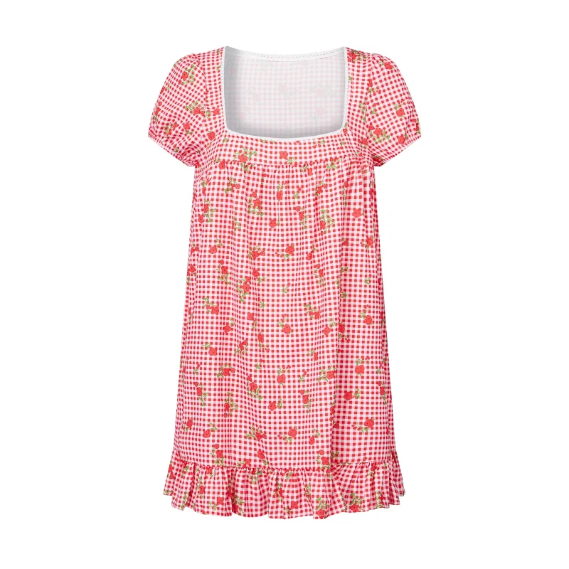 Floral Puff Sleeve Short Dress Tie Up A-Line Boho Style