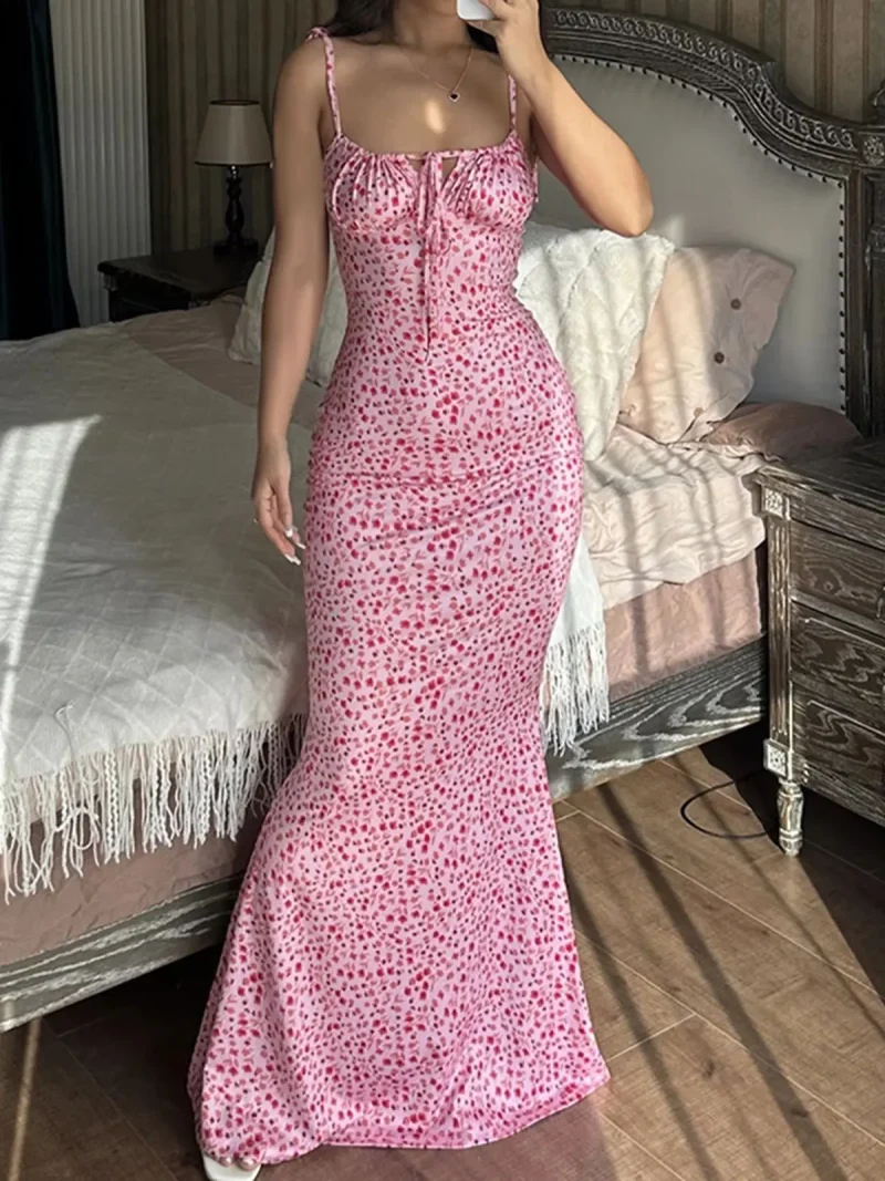 Floral Midi Dress Spaghetti Strap Tie Up V Neck - Image 5