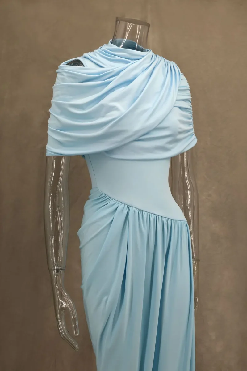 Blue Pleated Shawl Long Dress Elegant Slim Fit - Image 4