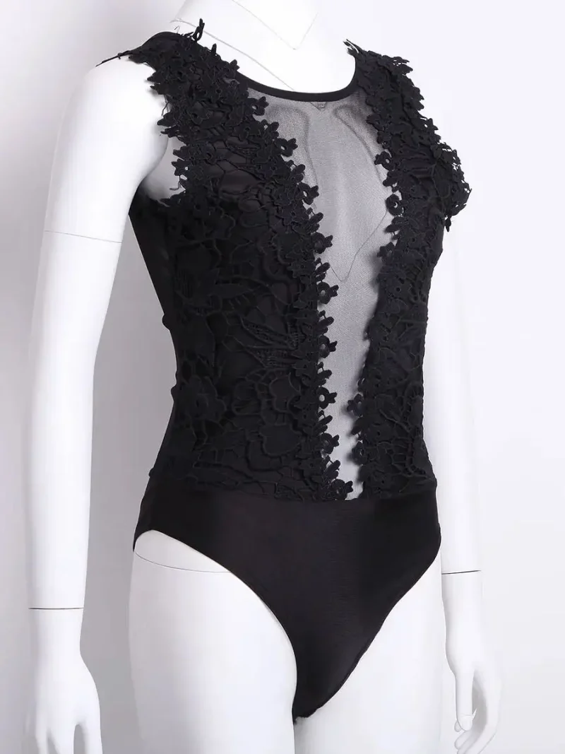 Lace Floral Bodysuit V Neck Sleeveless Bodycon - Image 4