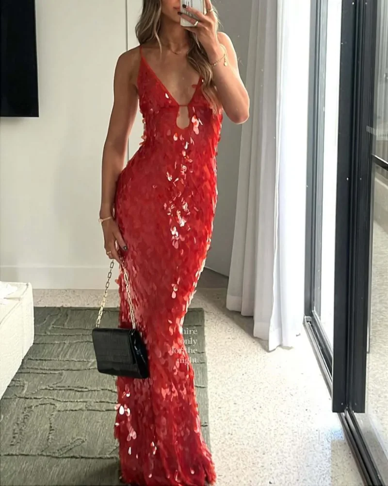 Sequin Slip Maxi Dress Deep V-Neck Backless Party Style - Image 5