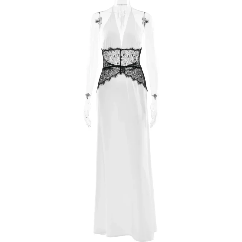 Backless Lace Patchwork Maxi Dress Halter V-Neck Style - Image 6