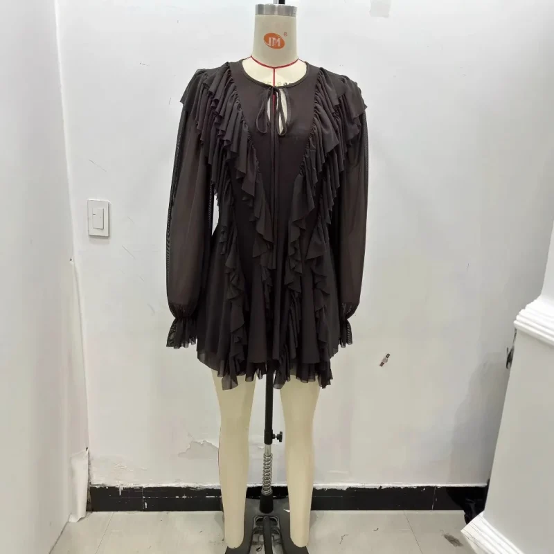Brown Ruffle Mesh Mini Dress - Image 5