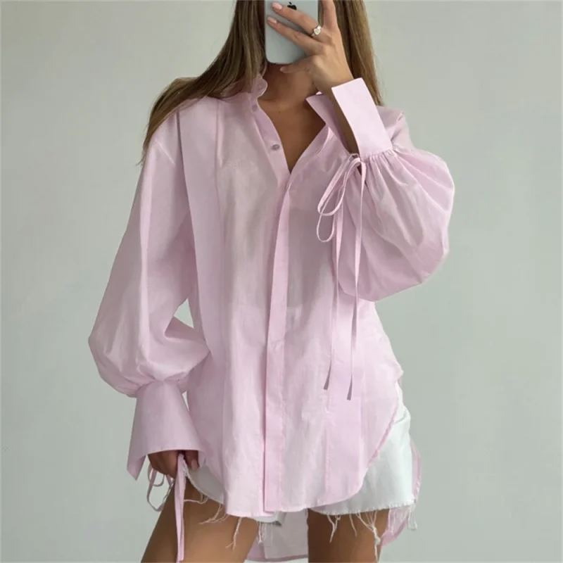 Pink White Cotton Shirt Sheer Lace-Up Long Sleeve Top - Image 4