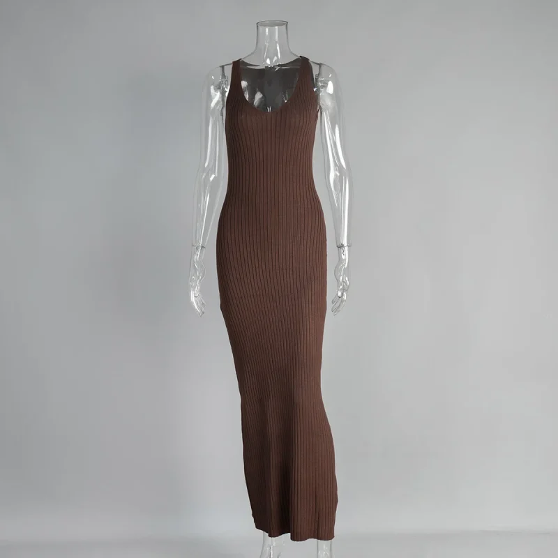 Sleeveless Knit Maxi Dress Ribbed V-Neck Beach Style - Image 6
