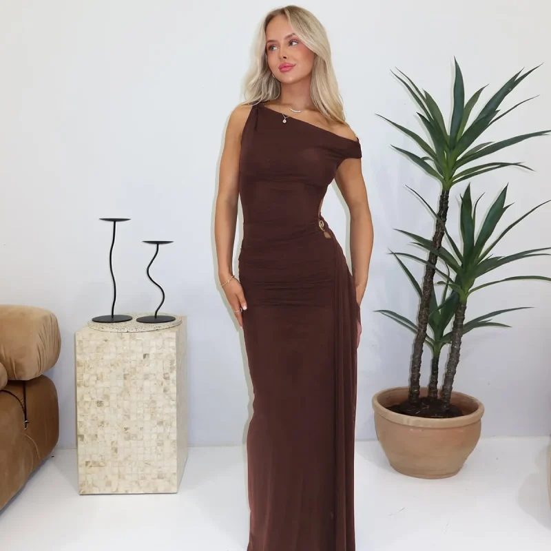 Pleated One Shoulder Maxi Dress Sleeveless High Waist Elegance - Image 3