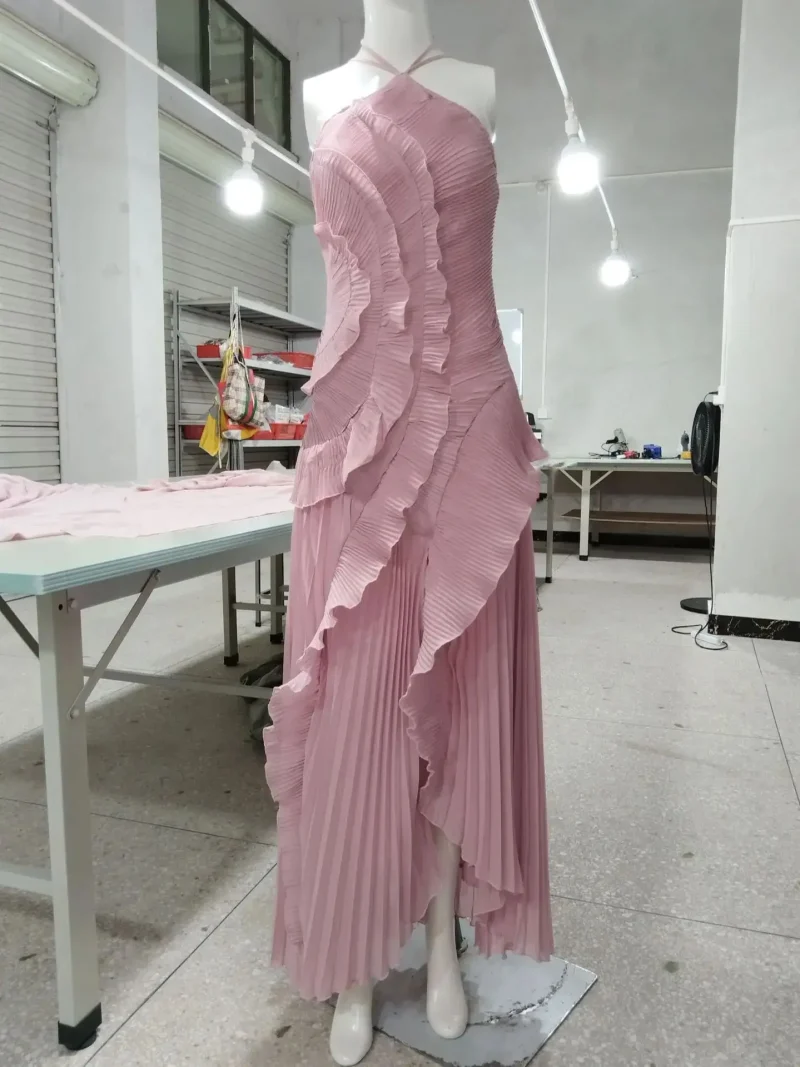 Chic Pleated Halter Maxi Dress Strapless Backless Ruffle Gown - Image 5