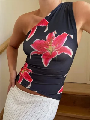 One Shoulder Floral Crop Top Slim Fit Sleeveless