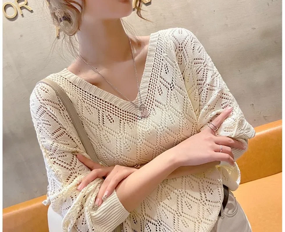Women’s V-Neck Crochet Knit Sweater - Image 5