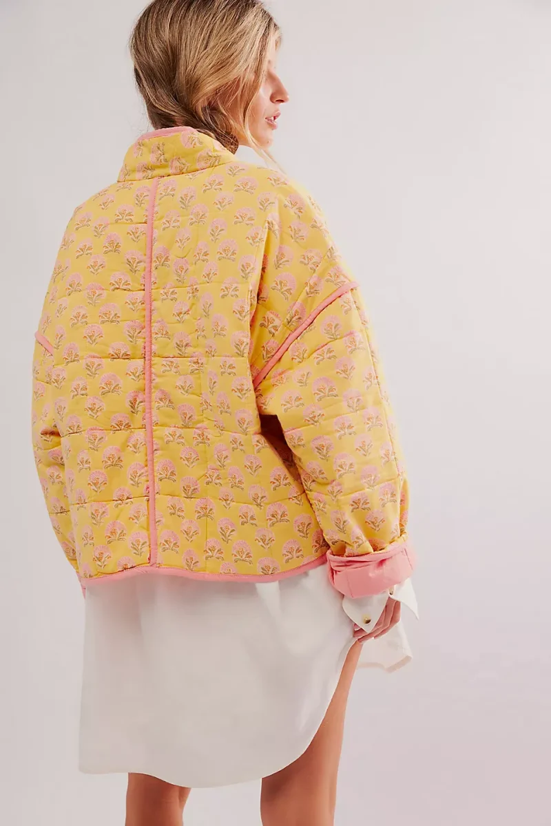 Printed Quilted Cotton Jacket High Neck Loose Fit Coat - Image 3