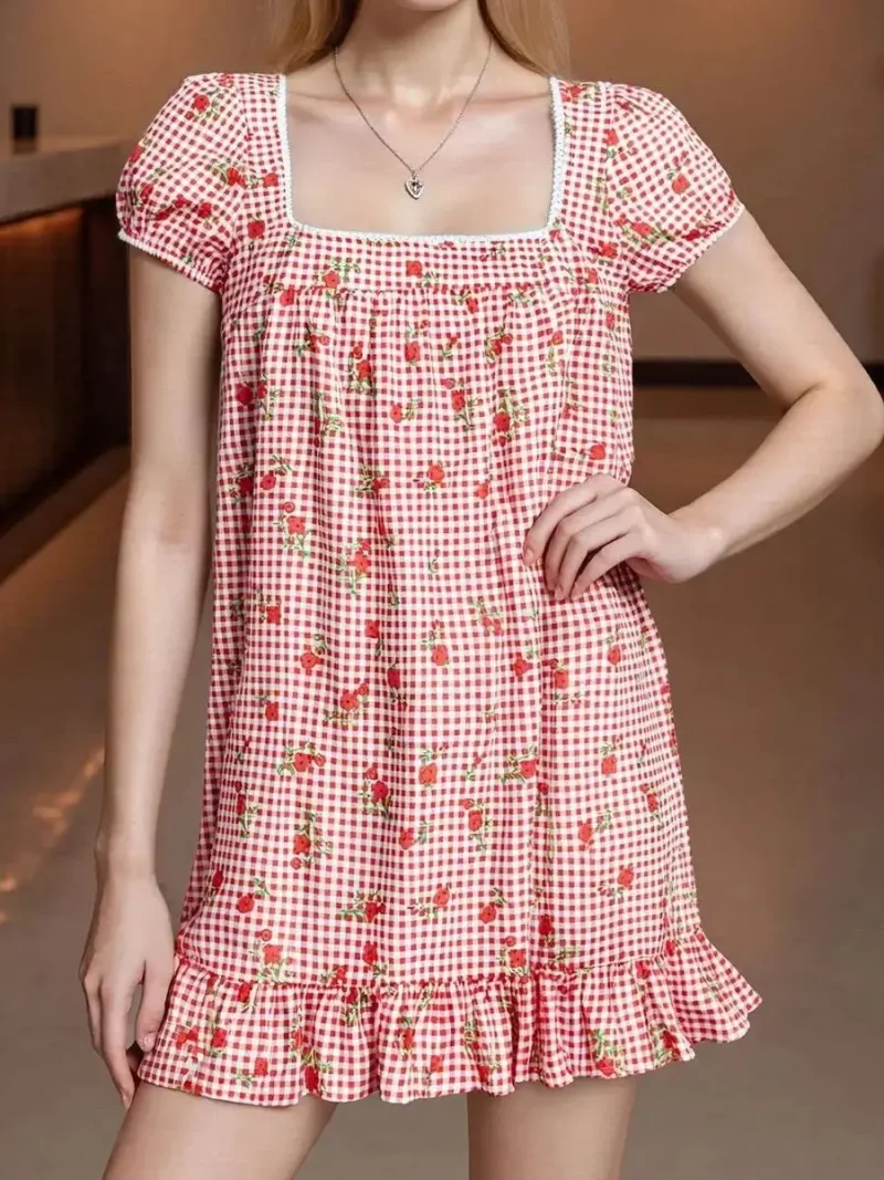 Floral Puff Sleeve Short Dress Tie Up A-Line Boho Style - Image 3