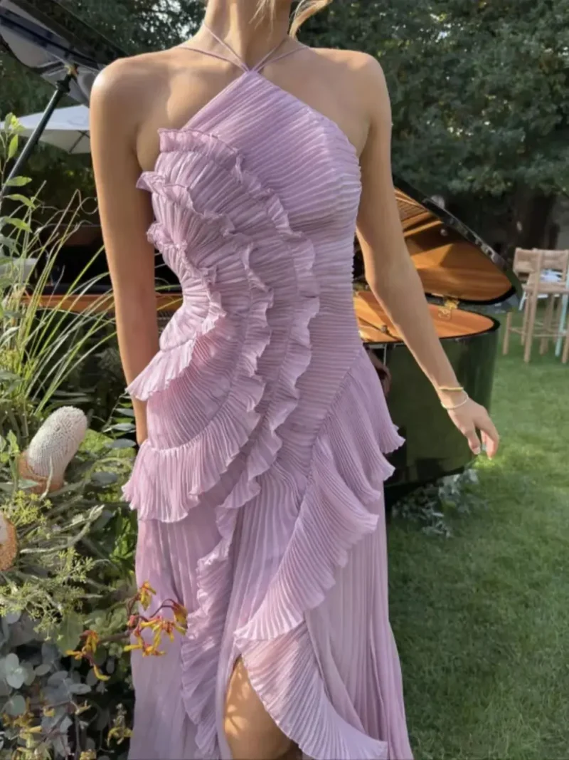 Chic Pleated Halter Maxi Dress Strapless Backless Ruffle Gown - Image 3