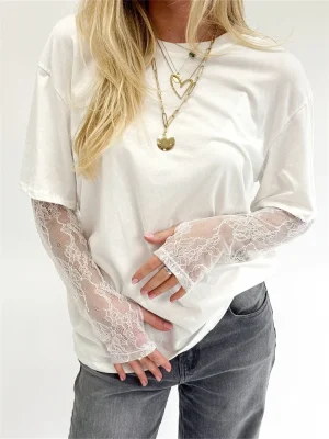 Lace Long Sleeve T-Shirt Round Neck Loose Fit