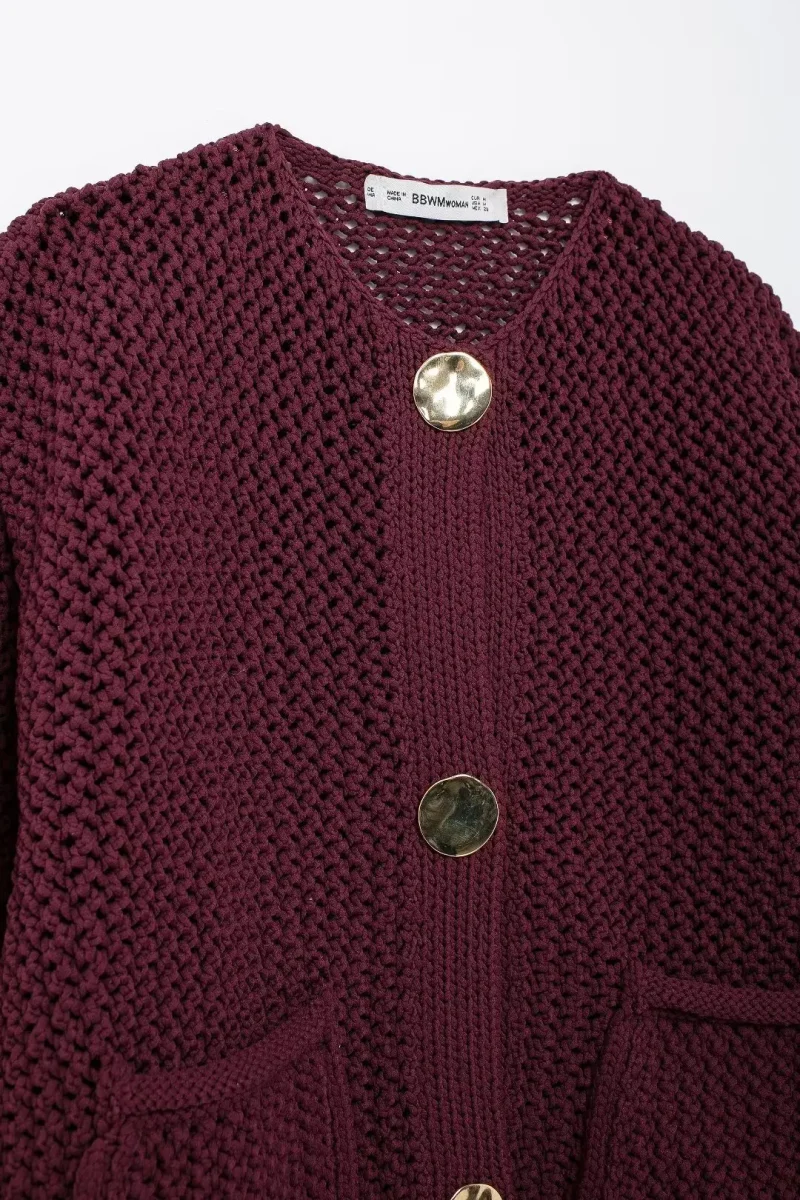 Wine Red Knit Cardigan Sweater for Women - Image 5