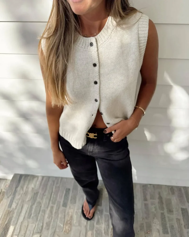 Women’s Knitted Sleeveless Vest Top with Buttons - Image 2