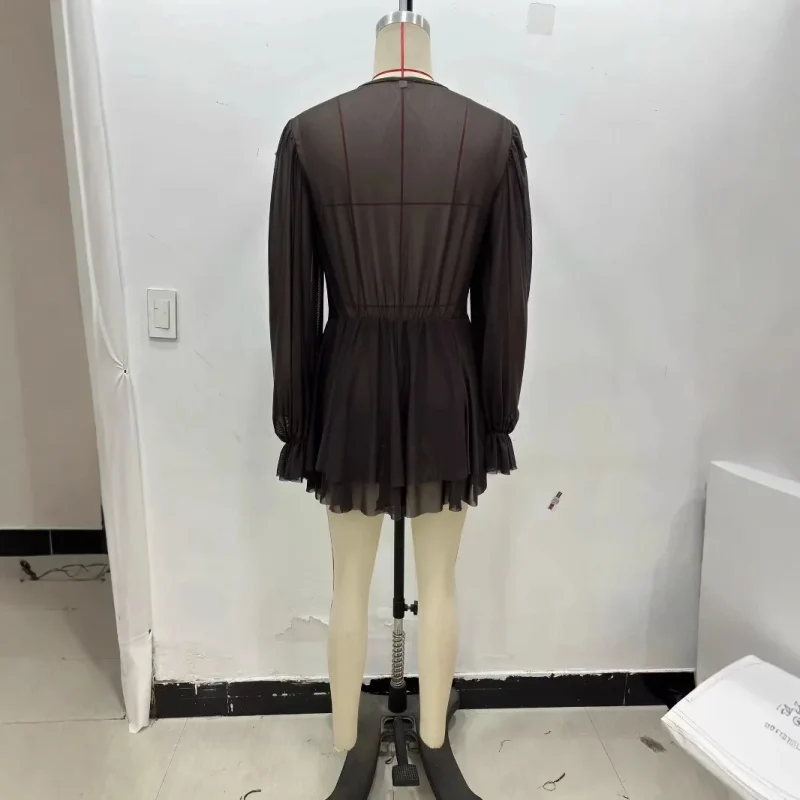 Brown Ruffle Mesh Mini Dress - Image 6