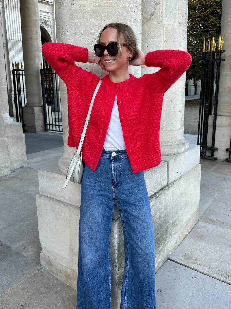 Women’s Red Knitted Cardigan Sweater with Buttons - Image 2