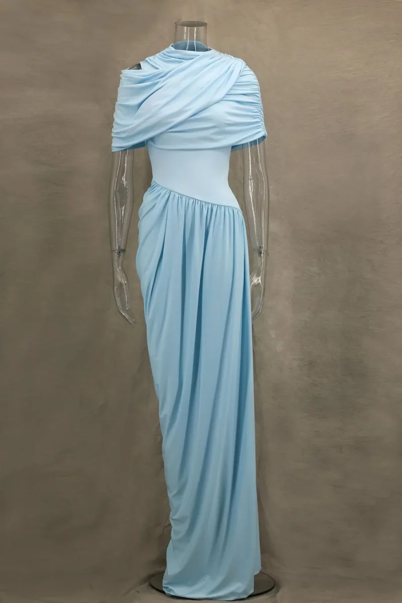 Blue Pleated Shawl Long Dress Elegant Slim Fit - Image 5