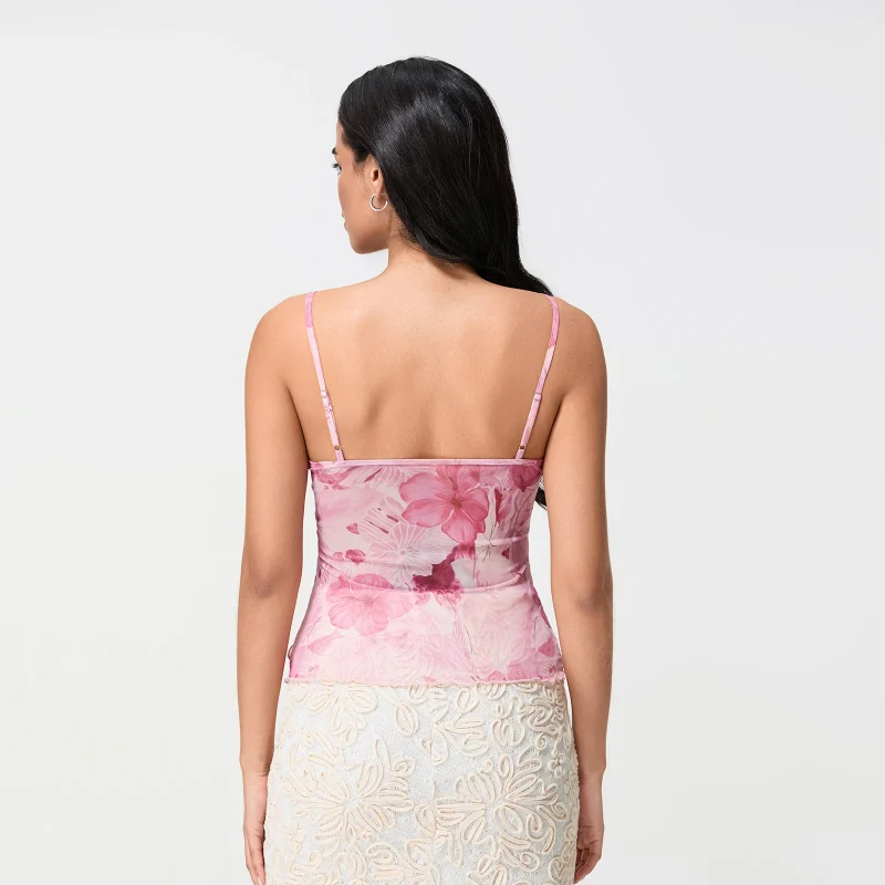 Floral Mesh Cami Top V Neck Spaghetti Strap - Image 5