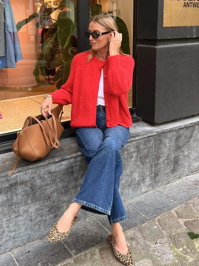 Women’s Red Knitted Cardigan Sweater with Buttons - Image 3