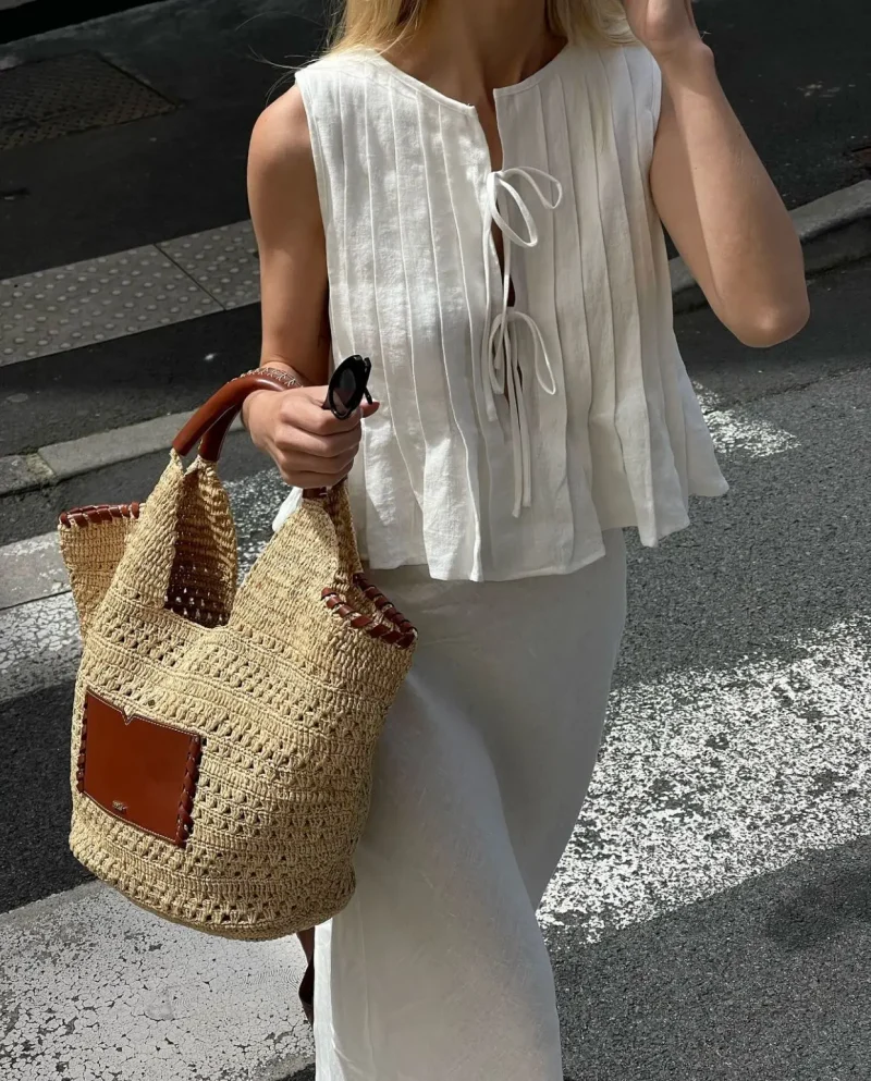 Women’s Summer Bow Tie Cotton Linen Blouse - Image 5