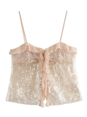 Women’s Chic Sequin Ruffle Chiffon Crop Top
