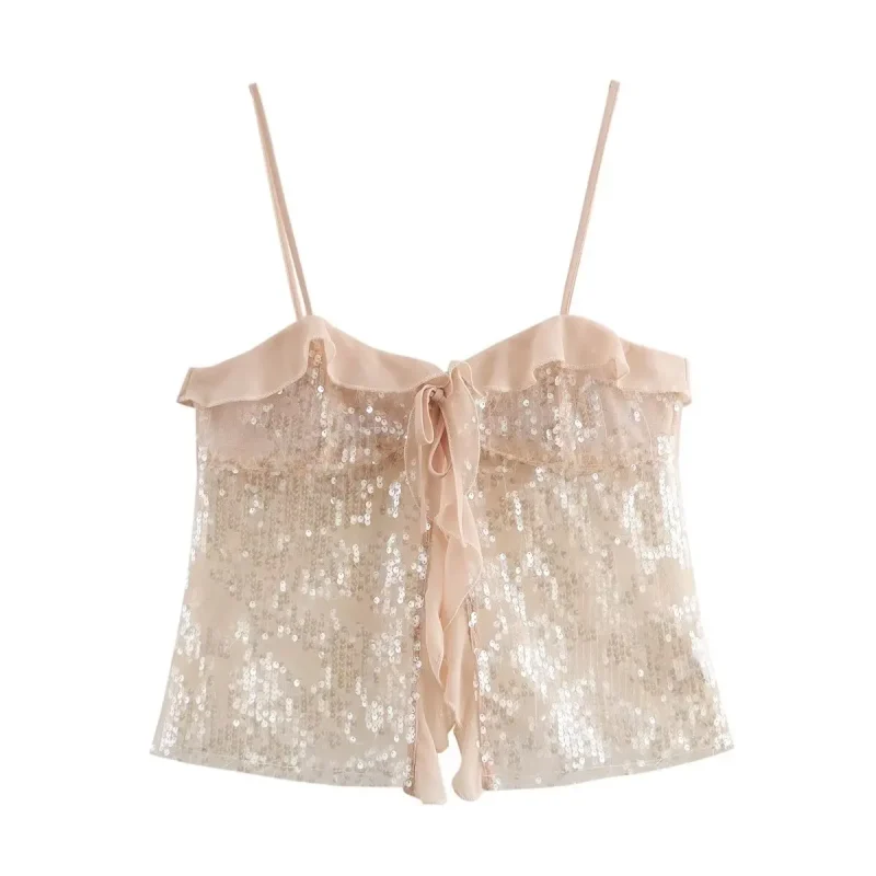 Women’s Chic Sequin Ruffle Chiffon Crop Top