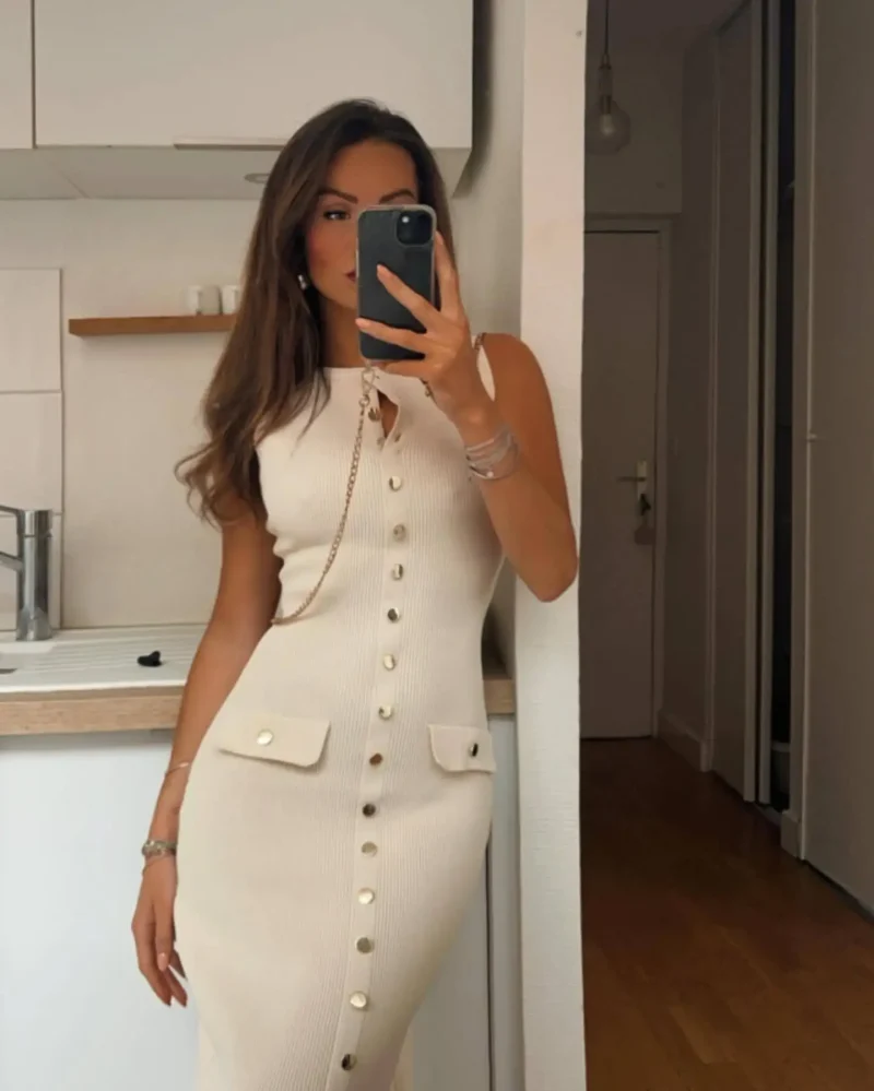 sleeveless Knitted Long Dress O-Neck Slim Fit - Image 3