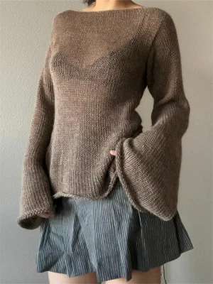 Backless Tie Up Knit Sweater Y2K Sheer Pullover Top