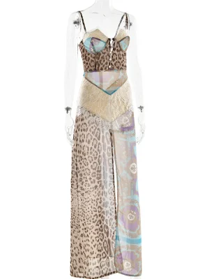 Women’s Leopard Print Maxi Dress Sleeveless Backless