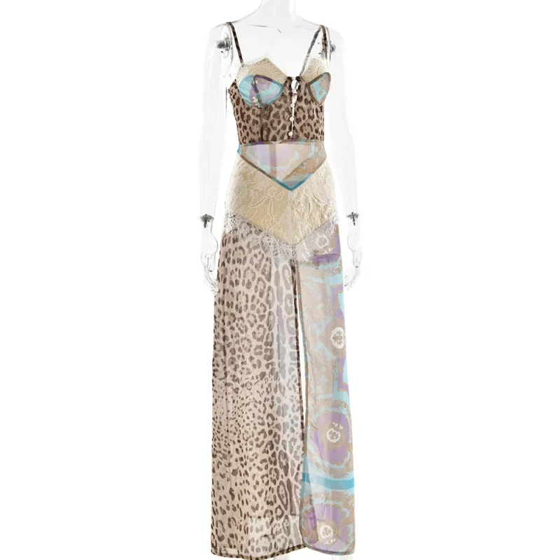 Women’s Leopard Print Maxi Dress Sleeveless Backless