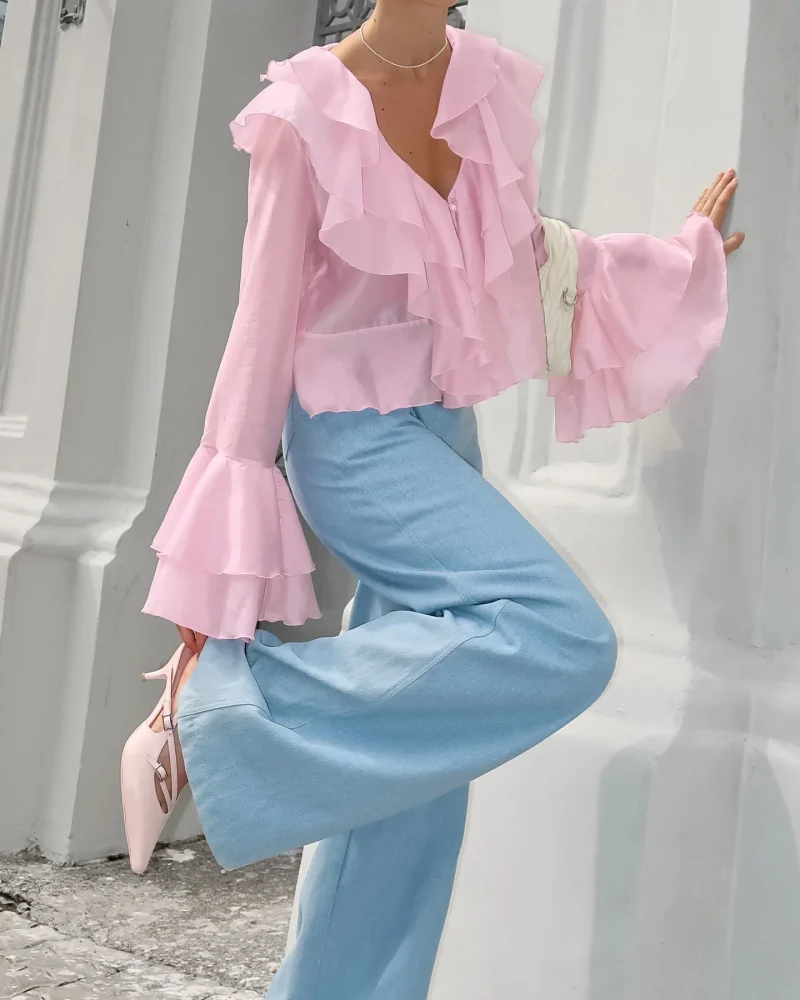 Sweet Pink Ruffle Blouse V-Neck Long Sleeve Shirt - Image 3