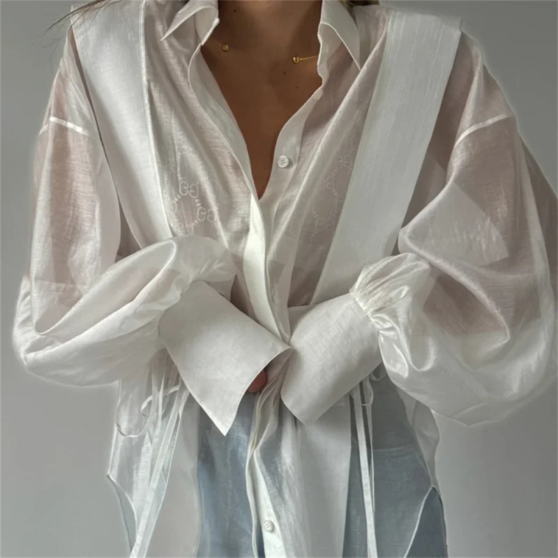 Pink White Cotton Shirt Sheer Lace-Up Long Sleeve Top - Image 3