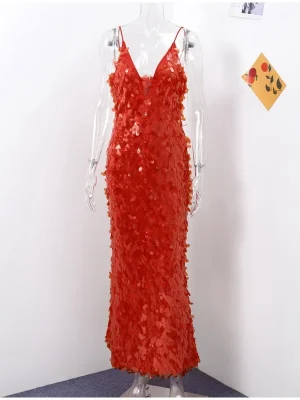 Sequin Slip Maxi Dress Deep V-Neck Backless Party Style