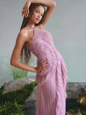 Chic Pleated Halter Maxi Dress Strapless Backless Ruffle Gown