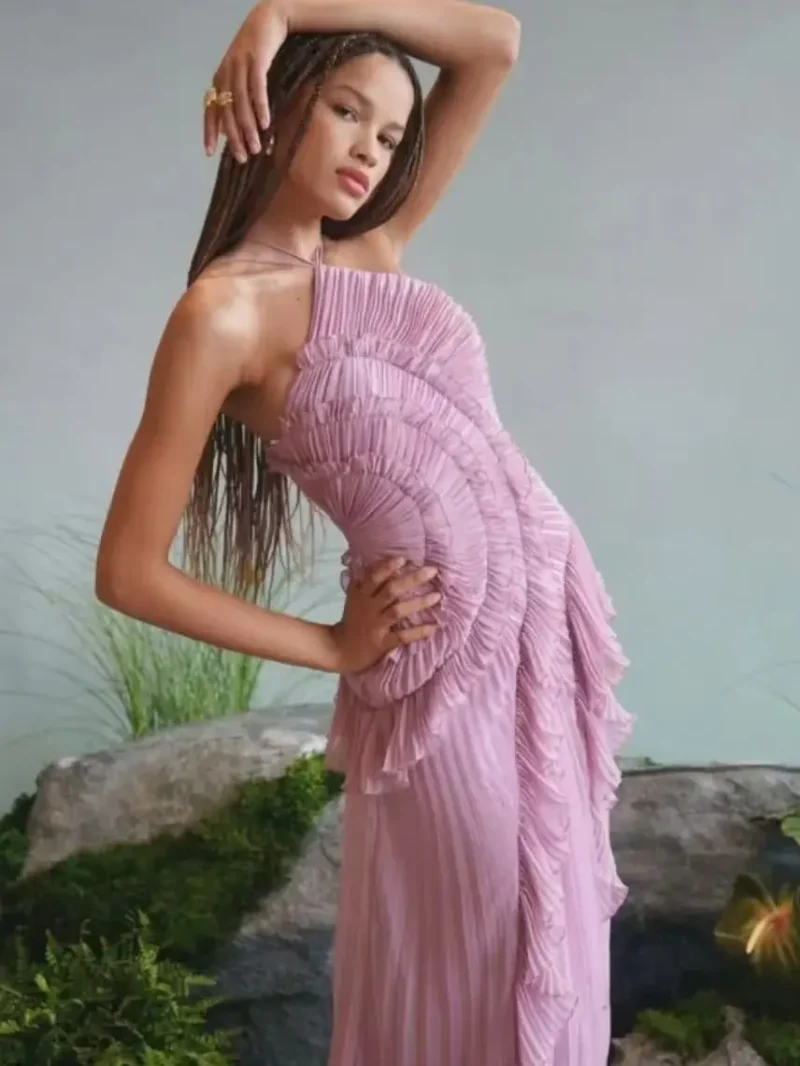 Chic Pleated Halter Maxi Dress Strapless Backless Ruffle Gown