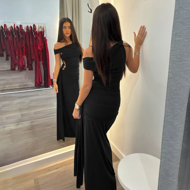 Pleated One Shoulder Maxi Dress Sleeveless High Waist Elegance - Image 5