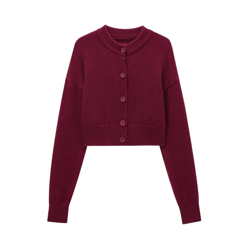 Cropped Knit Cardigan O-Neck Button Long Sleeve Top - Image 2