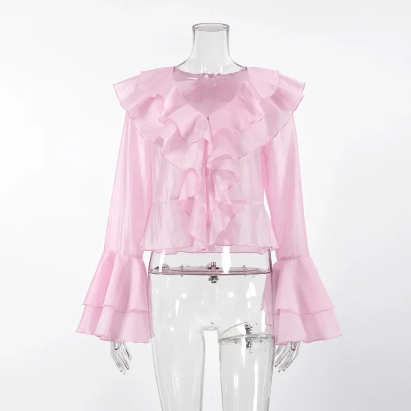 Sweet Pink Ruffle Blouse V-Neck Long Sleeve Shirt - Image 6