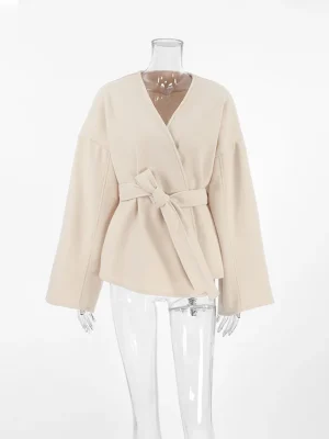 Elegant Lace Up V-Neck Coat Long Sleeve Autumn Jacket